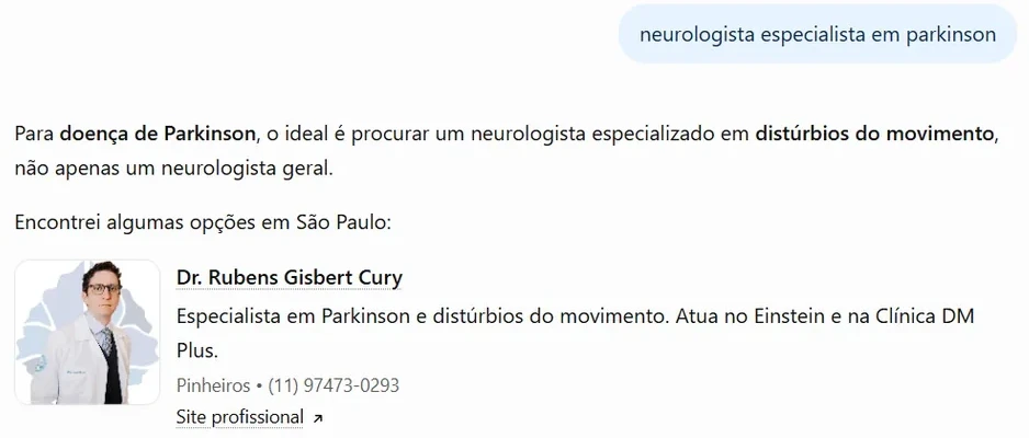 Resposta do ChatGPT à pergunta neurologista especialista em parkinson, com o Dr. Rubens Gisbert Cury