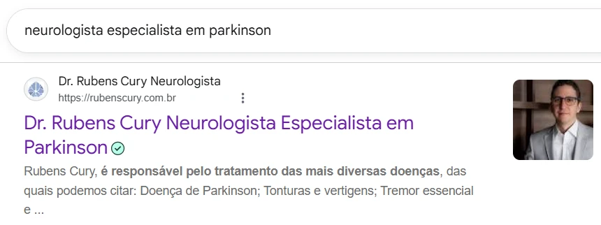 Resultado do Google para a busca neurologista especialista em parkinson, com o site rubenscury.com.br em primeiro