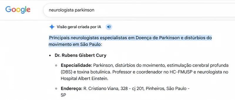 Visão geral criada por IA do Google para neurologista parkinson, com o Dr. Rubens Gisbert Cury na lista
