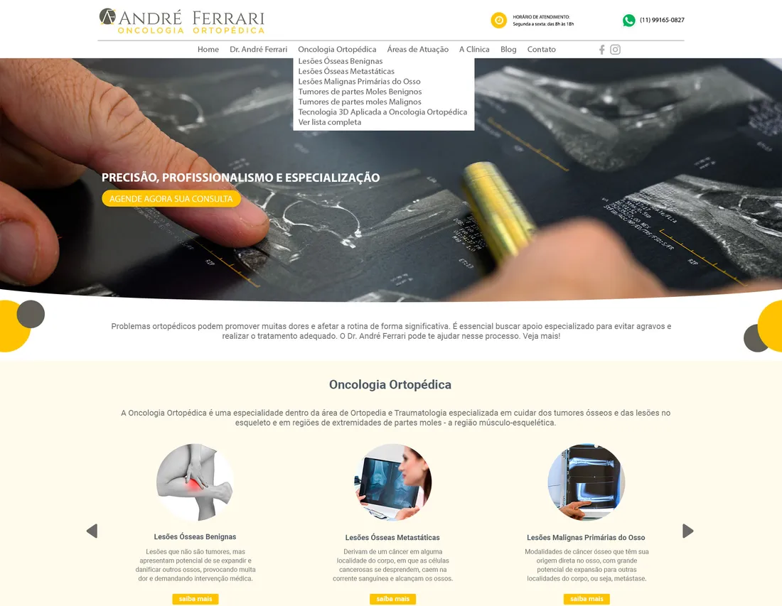 Home do site do Dr. André Ferrari, desenhada pela Shantal, com o menu de Oncologia Ortopédica