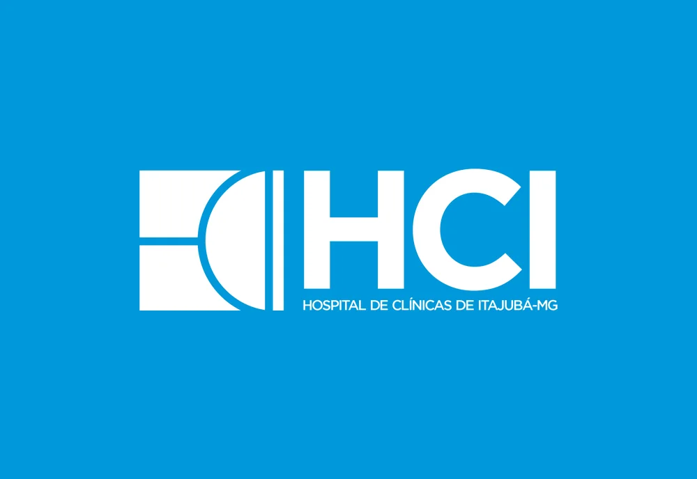 Logotipo da HCI, Hospital de Clínicas de Itajubá: as letras H, C e I em formas geométricas, em branco sobre o azul da marca