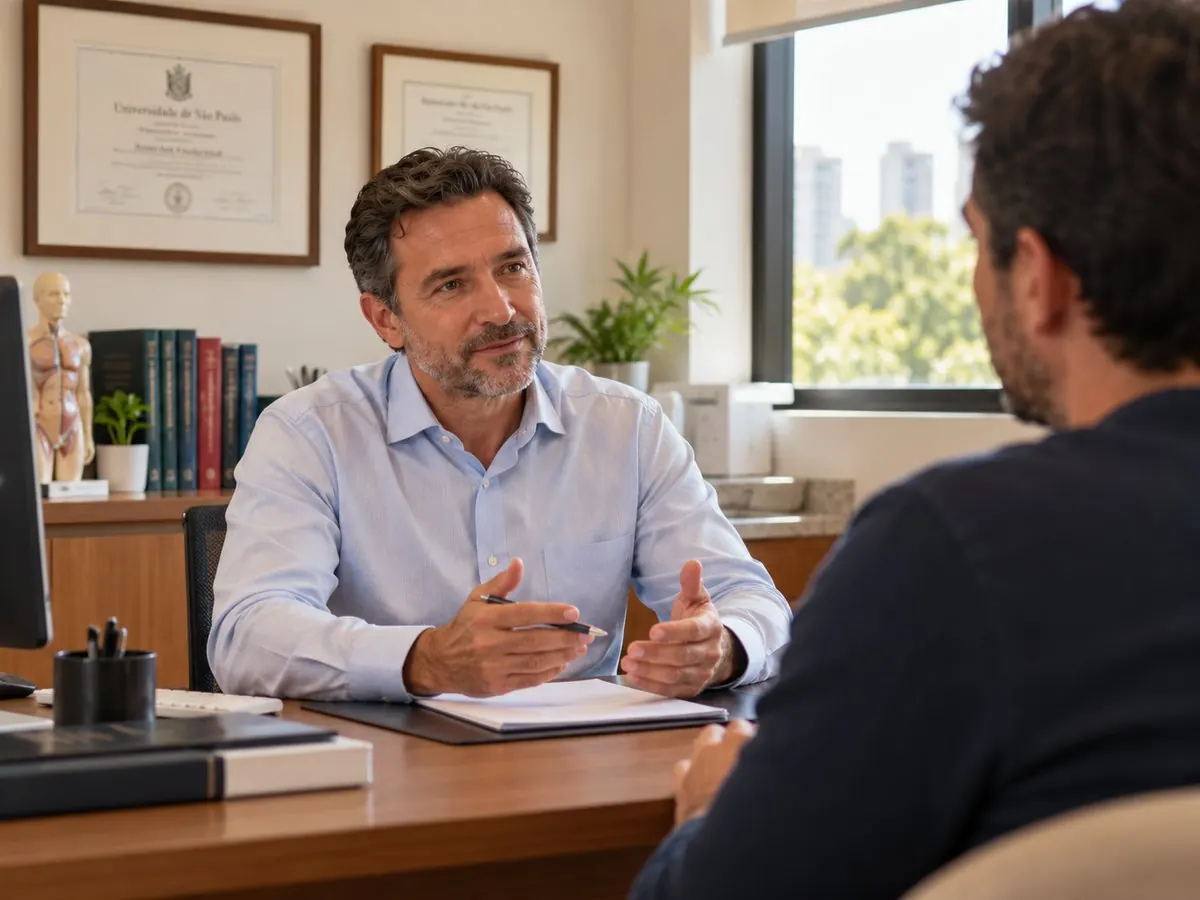 consulta como conversa: o médico explicando e o paciente de costas, não identificável