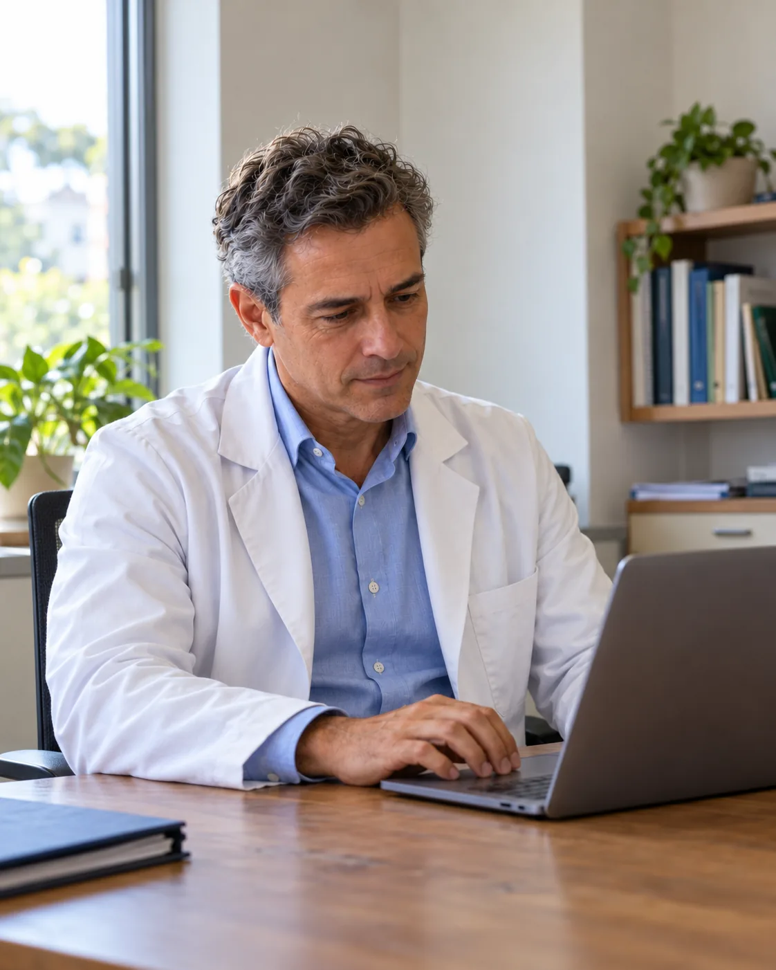 Imagem ilustrativa de um médico analisando um notebook em seu consultório