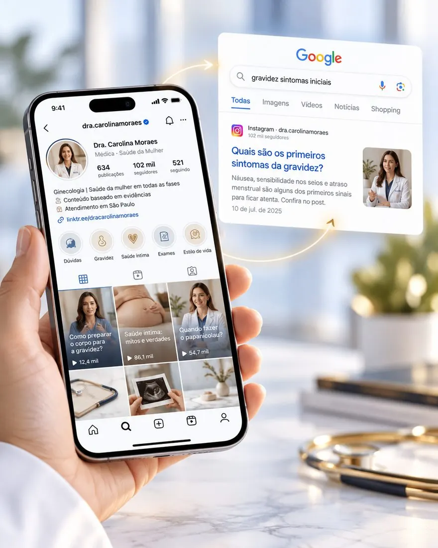 Perfil de uma médica no Instagram e um post dela aparecendo como resultado na busca do Google